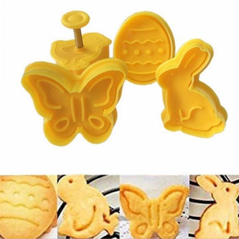 4 Stuks Easter Bunny Patroon Plastic Bakvorm Keuken Biscuit Cookie Cutter Pastry Plunger 3D Sterven Fondant Cake Decorating Set