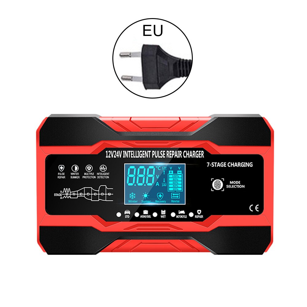 Chargeur de réparation d'impulsions de voiture 12V/5A 24V/10A, avec écran LCD, pour batterie de moto, automatique, intelligent, en 7 étapes, rapide: Red EU