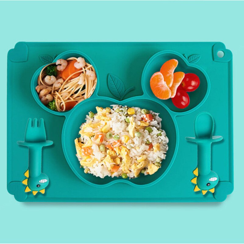 Prato de Silicone Alimentos Complementares de Formação do bebê Bacia de Alimentação Integrada infantil Ventosa Bandeja Talheres Anti-queda