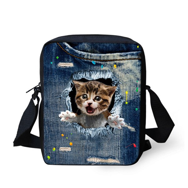 Instantarts Kawaii 3D Denim Kat Print Vrouwen Mini Messenger Bag Mode Dames Reizen Schoudertas Cross Body Bags: CA4915E