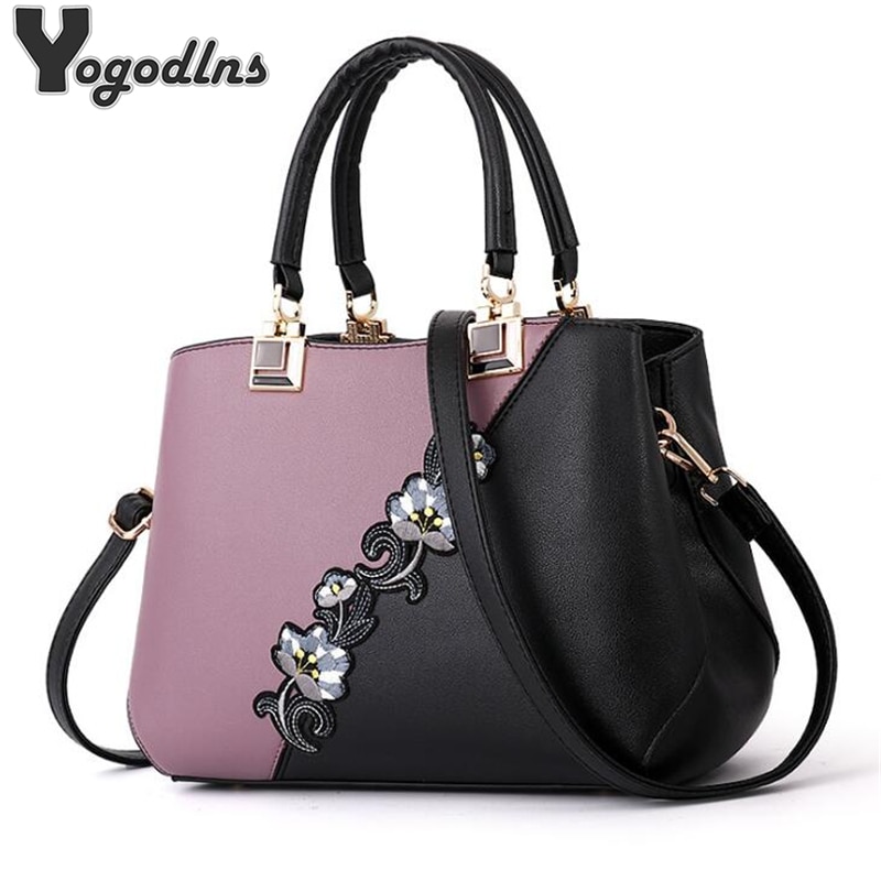 Women Handbags PU Leather Embroidery Bags Brand Luxury Shoulder Bag Hit Color Top-handle Hand Bags Flower Messenger Bag