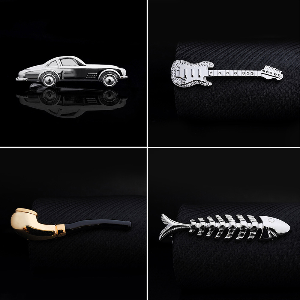 1pc Men Tie Clip Fish Bone Leaf Guitar Feather Saxophone Multiple Styles Tone Metal Tie Clip Tie Bar Necktie Clips