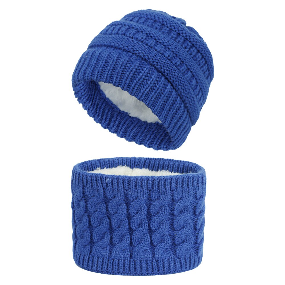 Winter Children's Skullies Hat Scarf Set Thick Knitted Kids Two pieces Fluffy Hats Scarf Sets Solid Warm Cap Girls boys Hats: blue