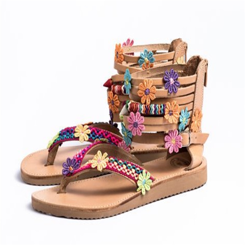 Zomerbloemen sandalen bohemian gladiator leren sandalen platte schoenen zomerschoenen dames open teen sandalen vrouwen