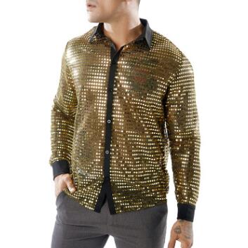 Discothèque sexy paillettes hommes chemise évider punk blouse décontractée chanteur scène costume homme or noir chemise à manches longues: Orange / S