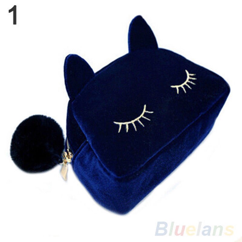 Bolsa de maquillaje negra con Gato de dibujos animados, caja con cremallera, cosméticos, papelería escolar, bolsa de terciopelo, bolsa de viaje, bolsa de maquillaje: Azul