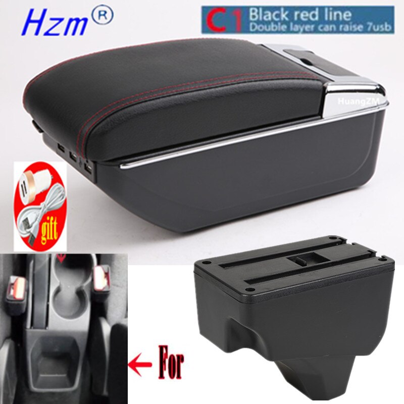 For Peugeot Armrest For Peugeot 208 Car Armrest box Retrofit parts Interior Storage box accessories USB LED: C style red line
