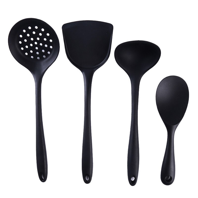 4 unids/set de cocina de silicona ecológica, utensilios de cocina, cuchara de cocina, pala, cuchara, juego de arroz, utensilios domésticos de cocina: black