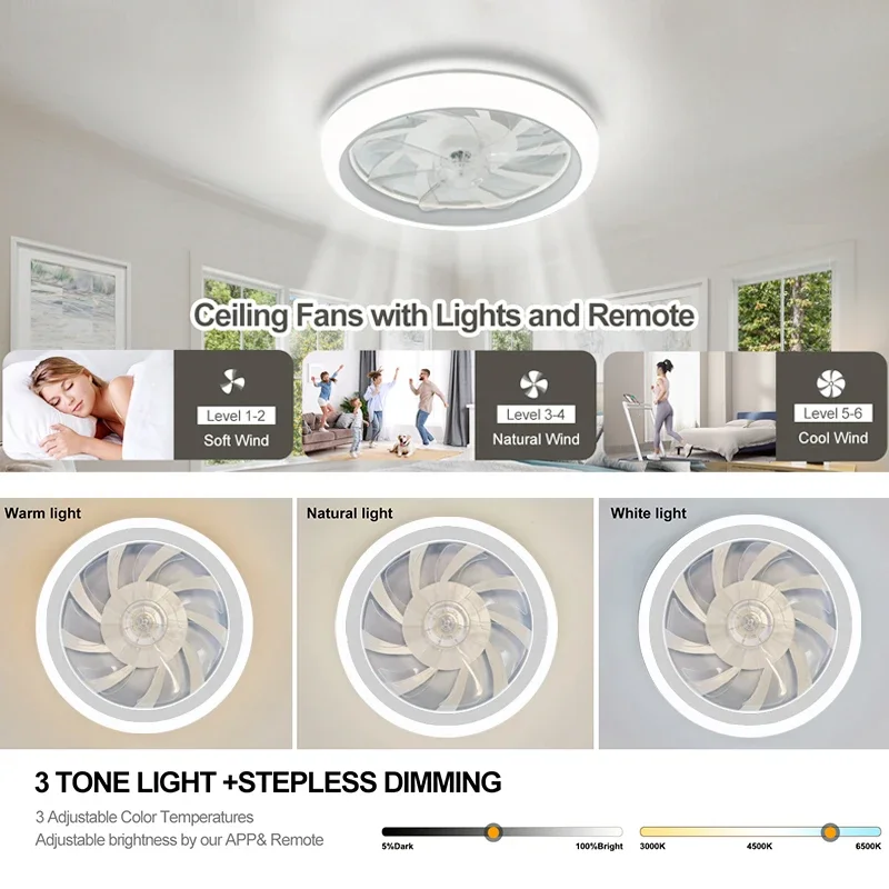 Takvifte med led-lys og fjernkontroll, elektrisk viftelampe, dimming med , 6- hastigheter, stue, taklampe til soverommet