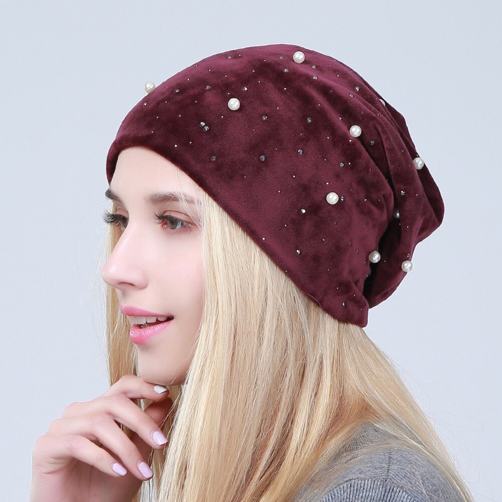 Czapka damska geebro nowe damskie Skullies modne czapki perłbyć winnym cyrkonie luźna czapka czapka bez daszka kapelusz dla kobiet zimowe ciepłe czapki z miękkiego aksamitu
