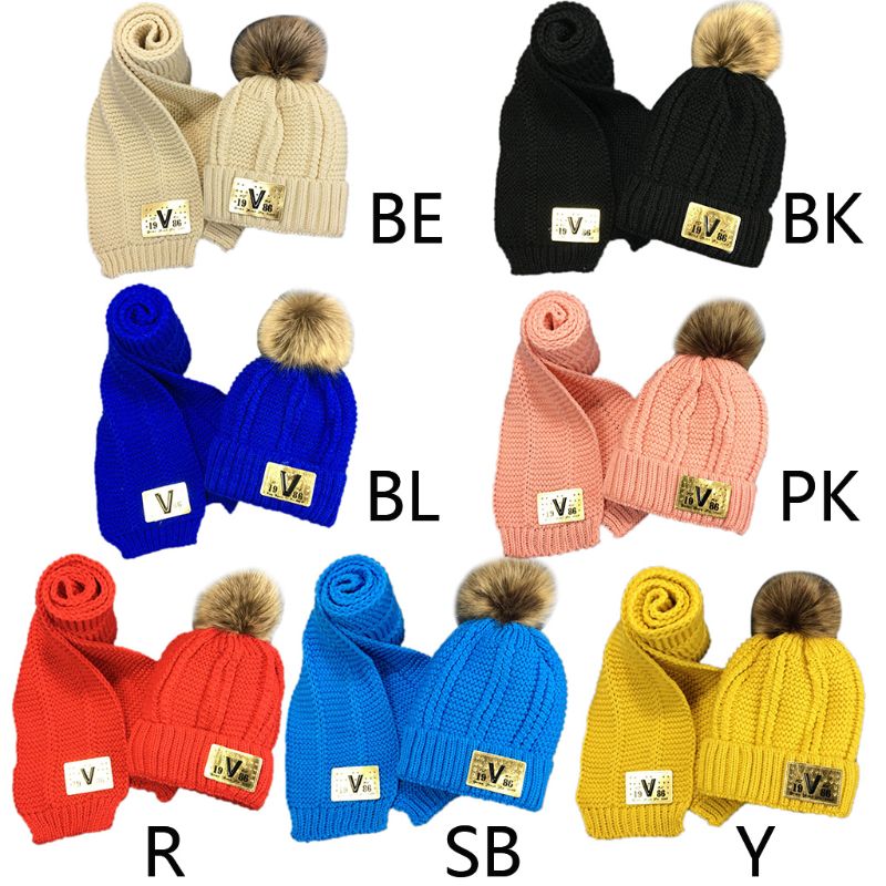 Småbørn børn vinter chunky hæklet pompon varm foring beanie hat langt tørklæde sæt