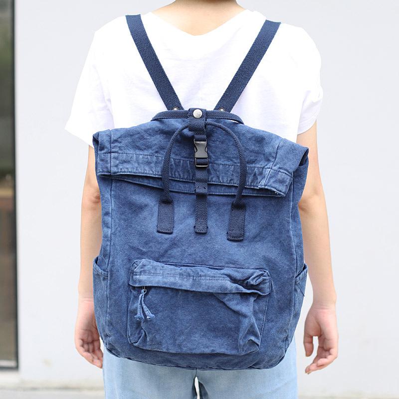 Vintage tvättad denim ryggsäck kvinnor tonåring avslappnad back to school väska kvinnligt tyg mjukt dagligt dagsäck student stor väska: Blå