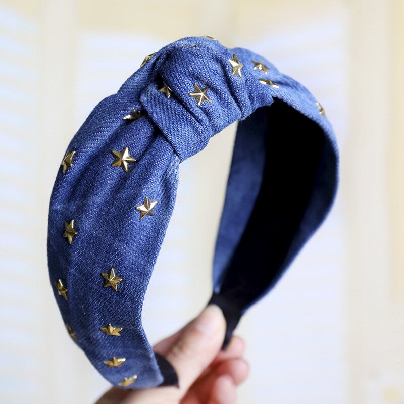 Vintage Sterren Jewel Rhinestone Denim Haarband Voor Vrouwen Knot Tulband Hoofdband Meisjes Haar Accessoires Bandeau Cheveux Opaska Doen: C606 light blue zha