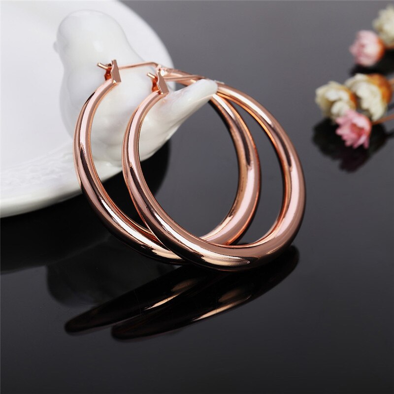 Rose Gold plated Thick Round Creole Hoop Earrings Classic Piercing Women Casual Sporty Engagement party Jewelry: Default Title