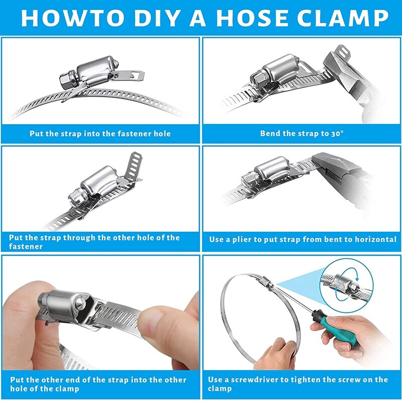 304 Stainless Steel Worm Clamp Hose Clamp Strap with Fasteners Adjustable DIY Pipe Hose Clamp Ducting Clamp