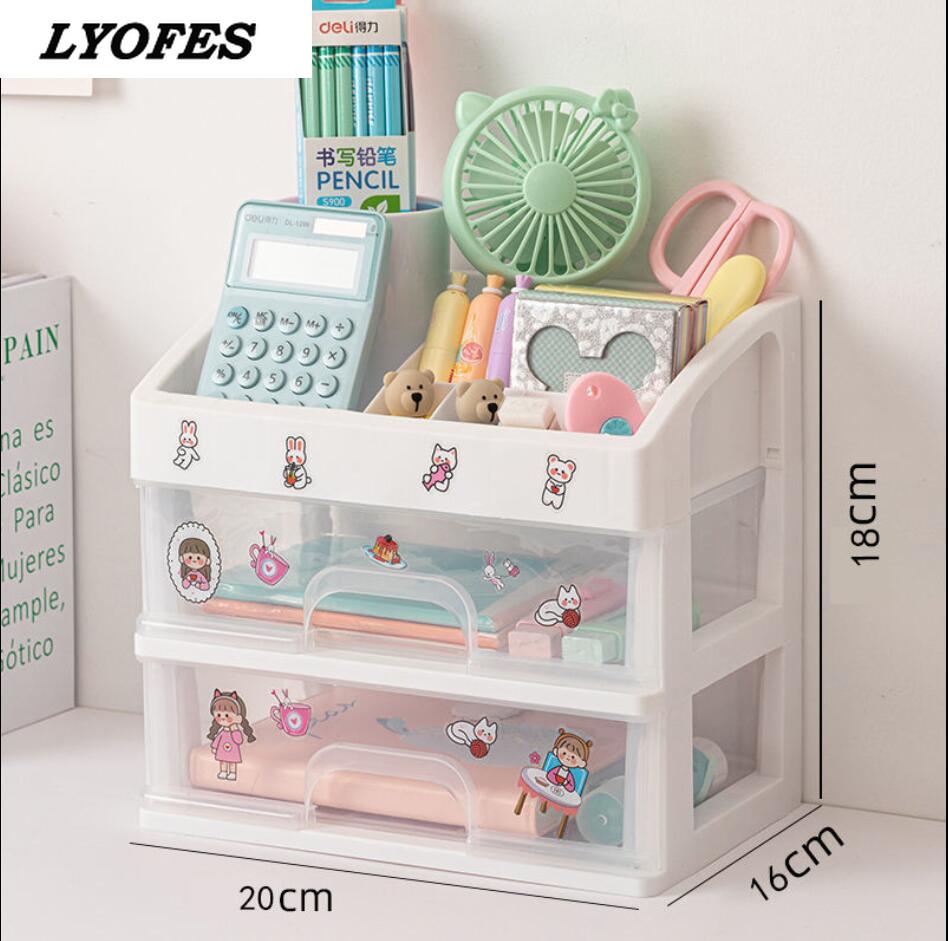 Organizador de escritorio de varios niveles, caja de almacenamiento de escritorio, pegatina gratis, escuela, transparente, accesorios de papelería: Small -2 layer