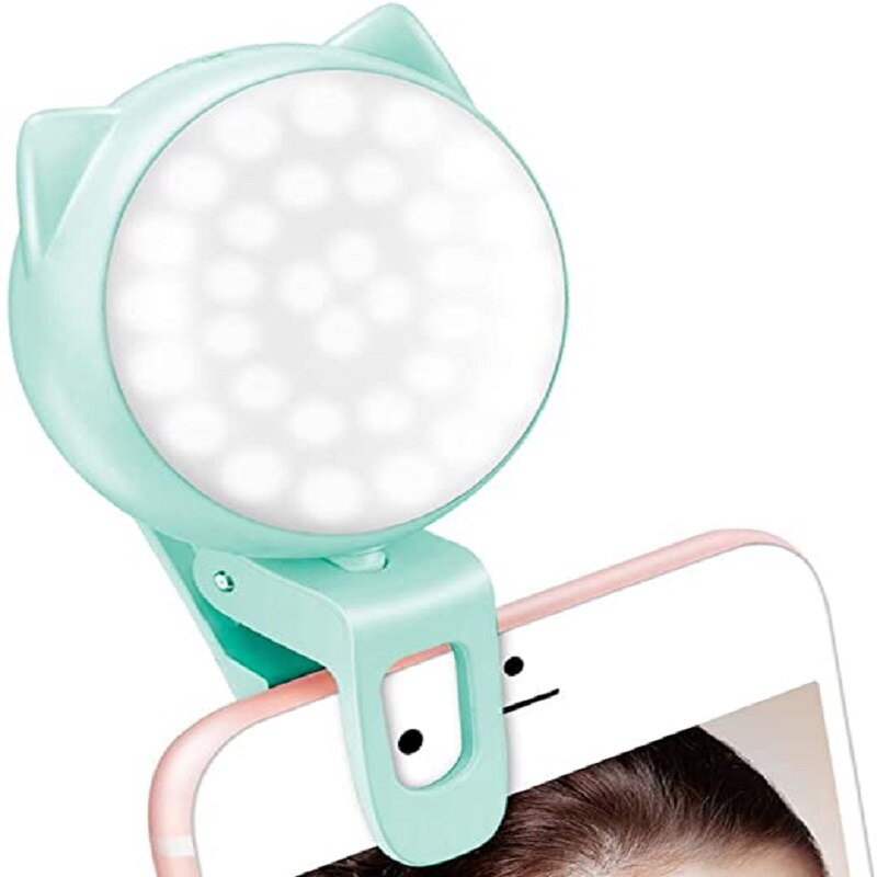 Luz recarregável de selfie para iphone, luz do anel com brilho ajustável de 9 níveis para o portátil, grampo em mini ledlight do telefone celular: Green