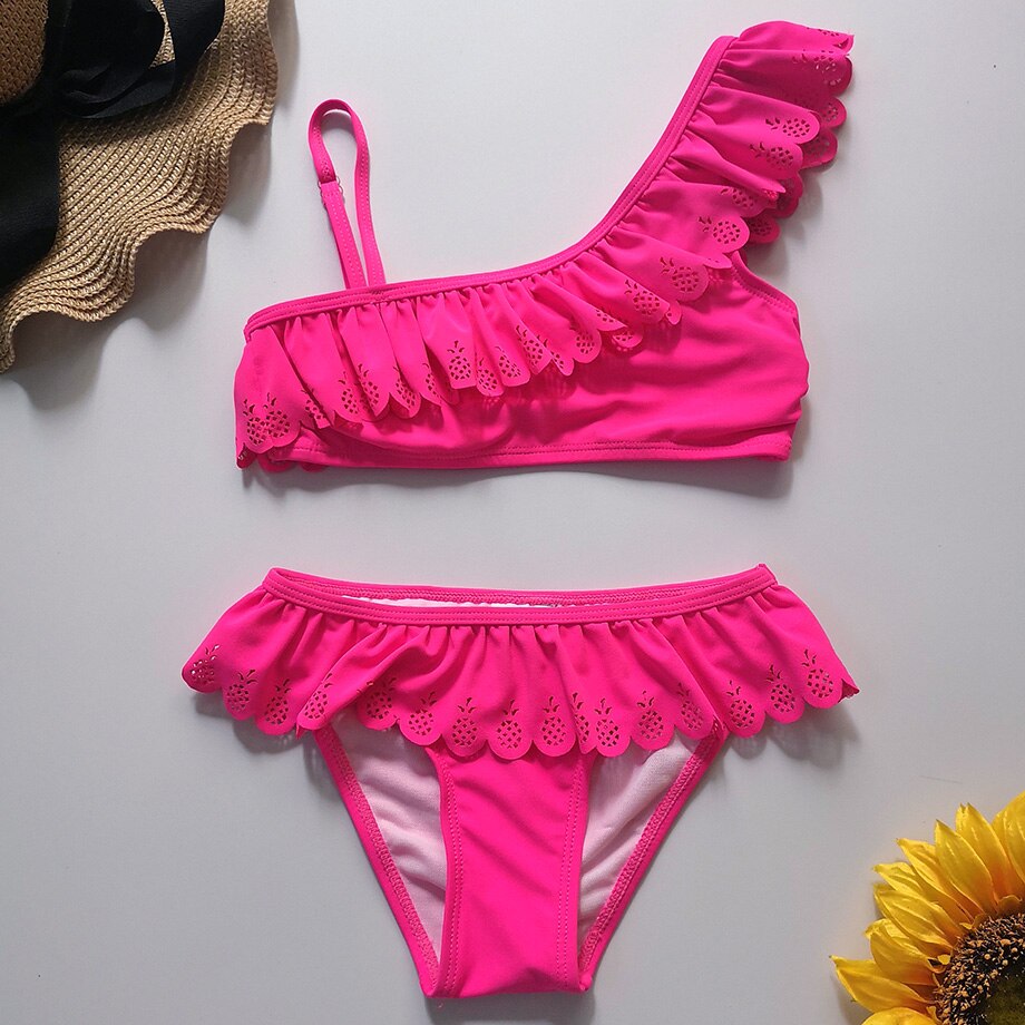 7-14 år pige badedragt børn teenage pige bikini sæt ananas udhulet todelt børns badetøj flæse pige badedragt: Rose / 7-8