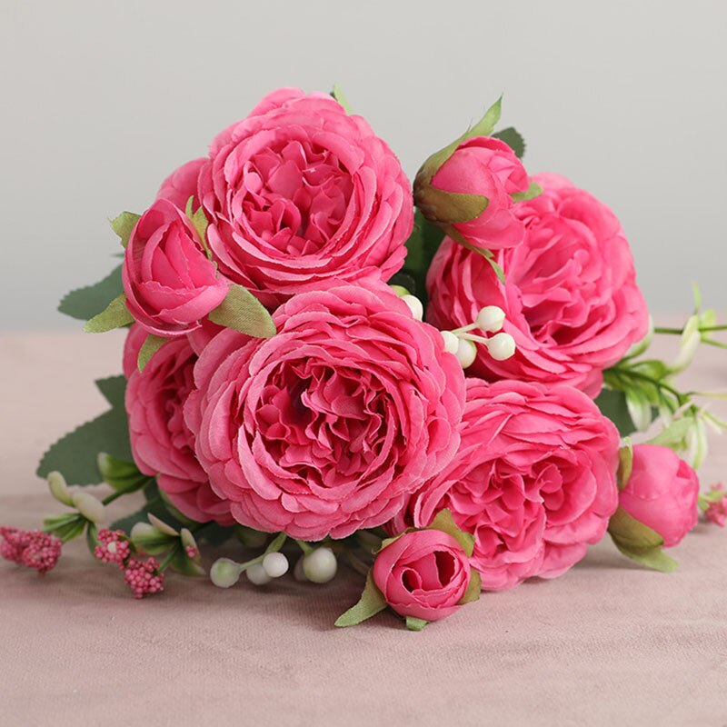 5 cabezas grandes rosas ramo de flores falsas para la decoración del hogar Decoración de la boda Rosa Blanca peonía flores artificiales: red