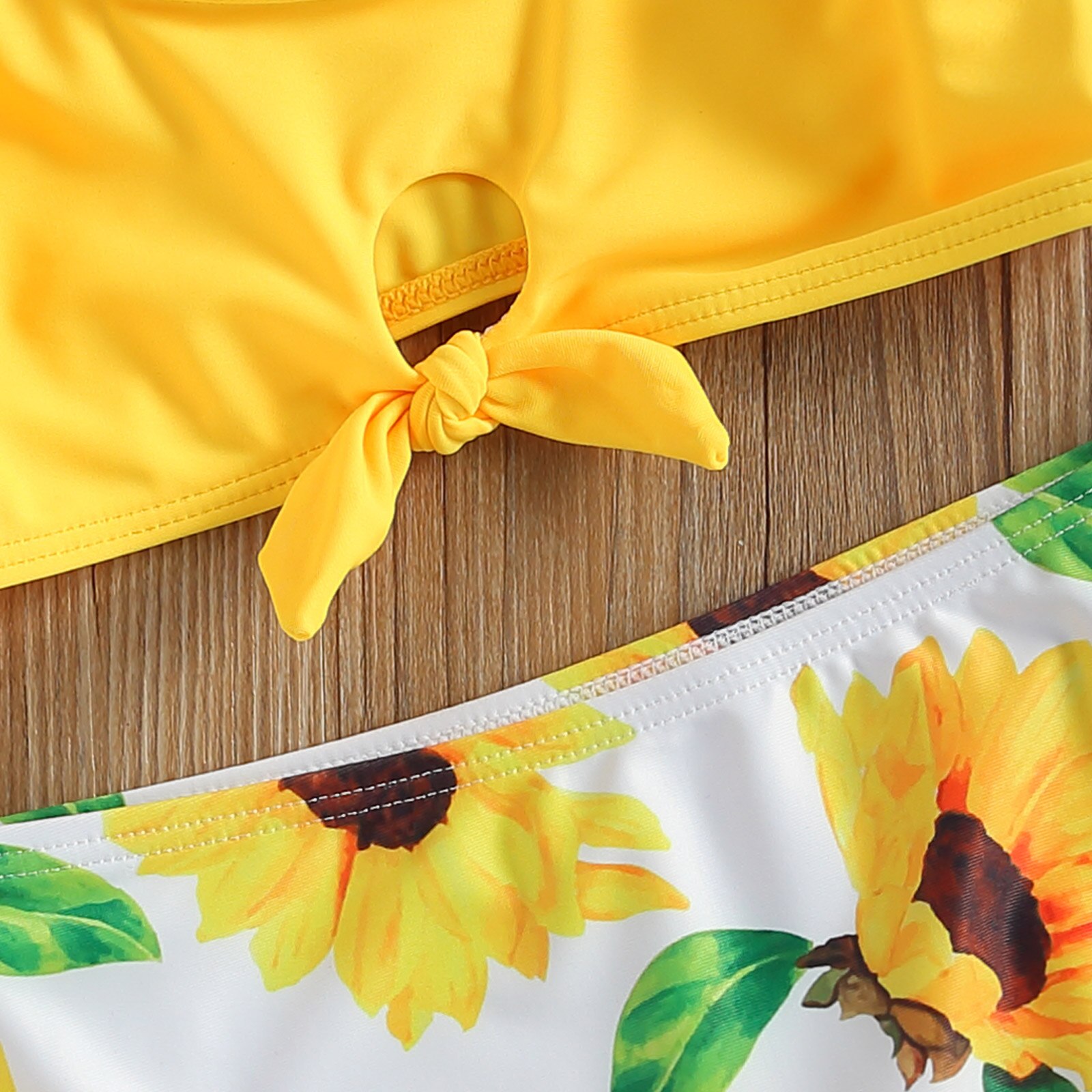 Summer Two-Piece Bikini Set Girls Bathing Suits Round Neck Tie Up Bikini Top + Sunflower Print Swimming Bottoms Swimsuits