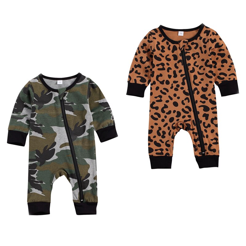 Wallarenear 0-18M Pasgeboren Peuter Baby Boy Jumpsuit Camouflage Luipaard Print O-hals Lange Mouwen Diagonale Rits Romper