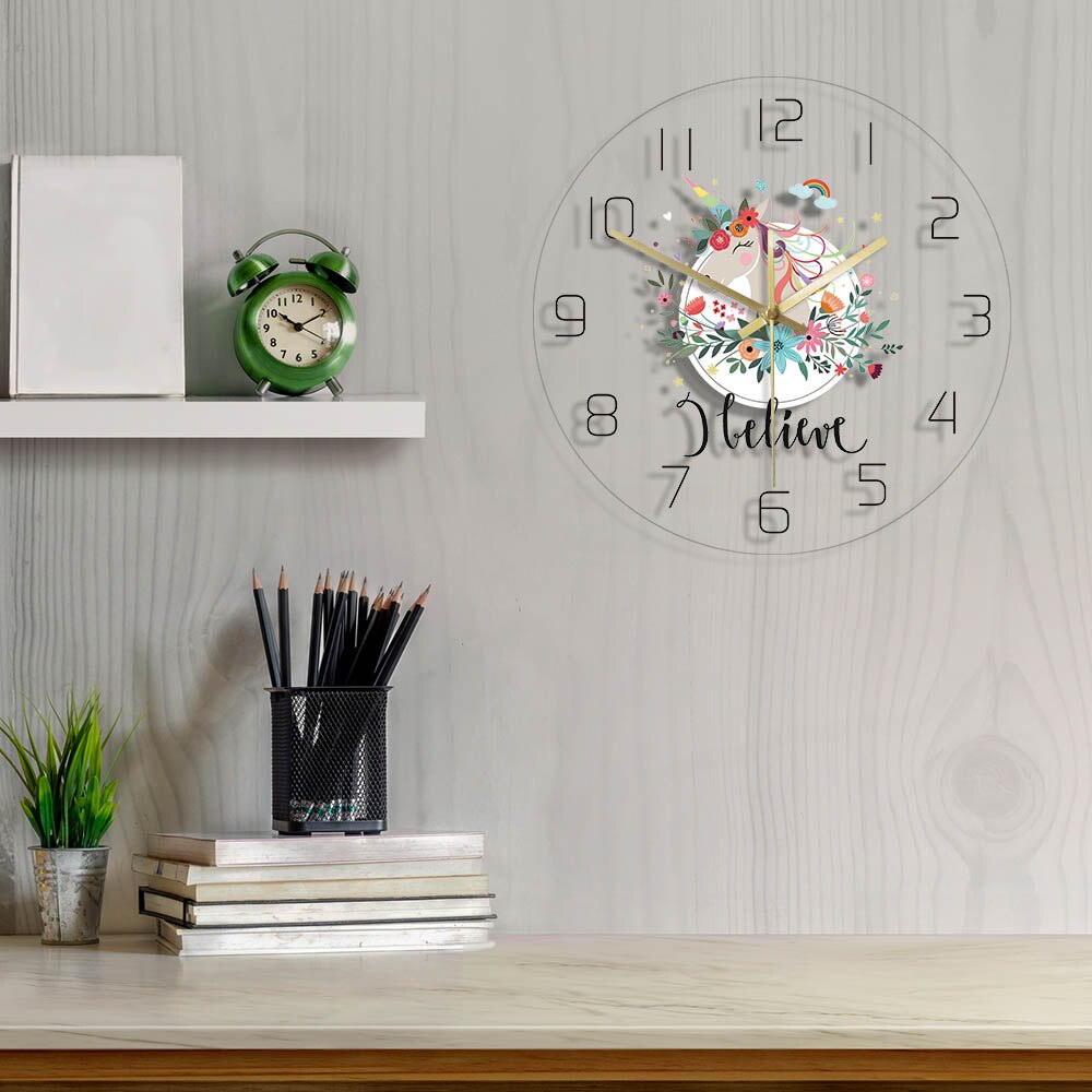 Unicorn With Flower Transparent 3D Wall Clock Modern LED Glow Wall Clocks Wall Watches Dial Vision Decorative Wall Clock