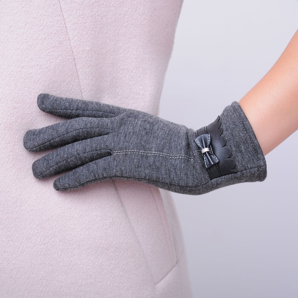 Handschoenen Mode Vrouwen Strik Winter Warm Katoen Effen Handschoenen Wanten lederen handschoenen PU Leer Vrouwen Handschoenen touch Screen Winter: Grijs