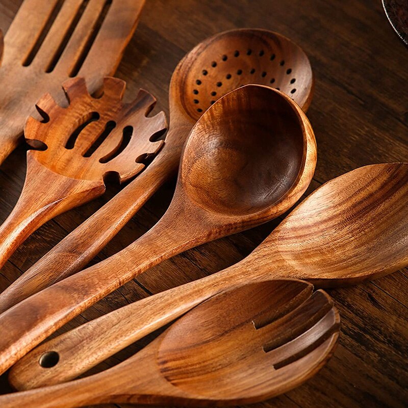 Ustensiles de cuisine en bois, 10 pièces cuillères en bois et spatule pour la cuisson cuillères et spatule, usage domestique et cuisine
