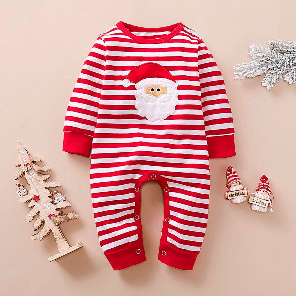 3m-24m tegneserie baby tøj spædbarn baby dreng pige langærmet jul santa stribet romper jumpsuit tøj для новорожденных