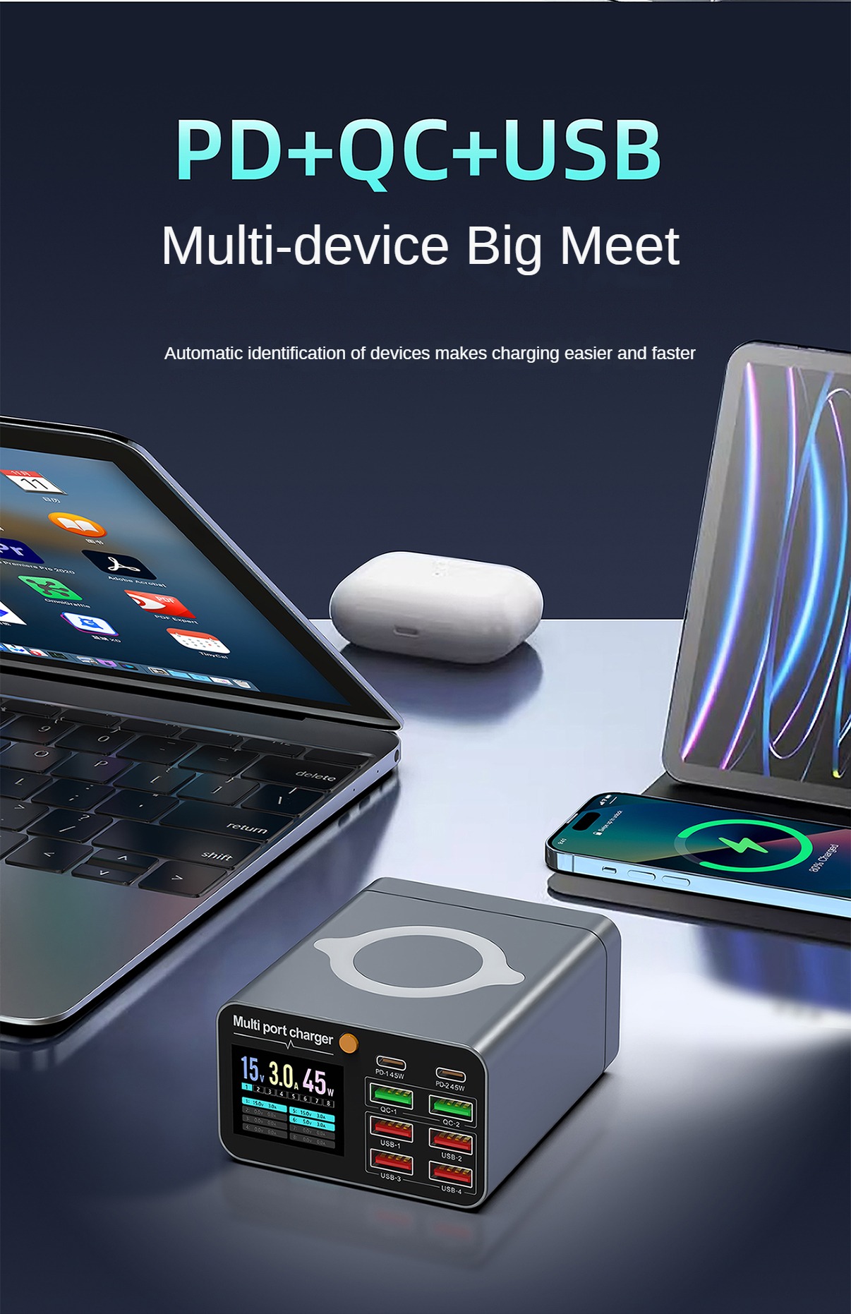 Cargador multipuerto con pantalla a color de 80 W: carga inalámbrica simultánea para teléfonos inteligentes/portátiles/tabletas