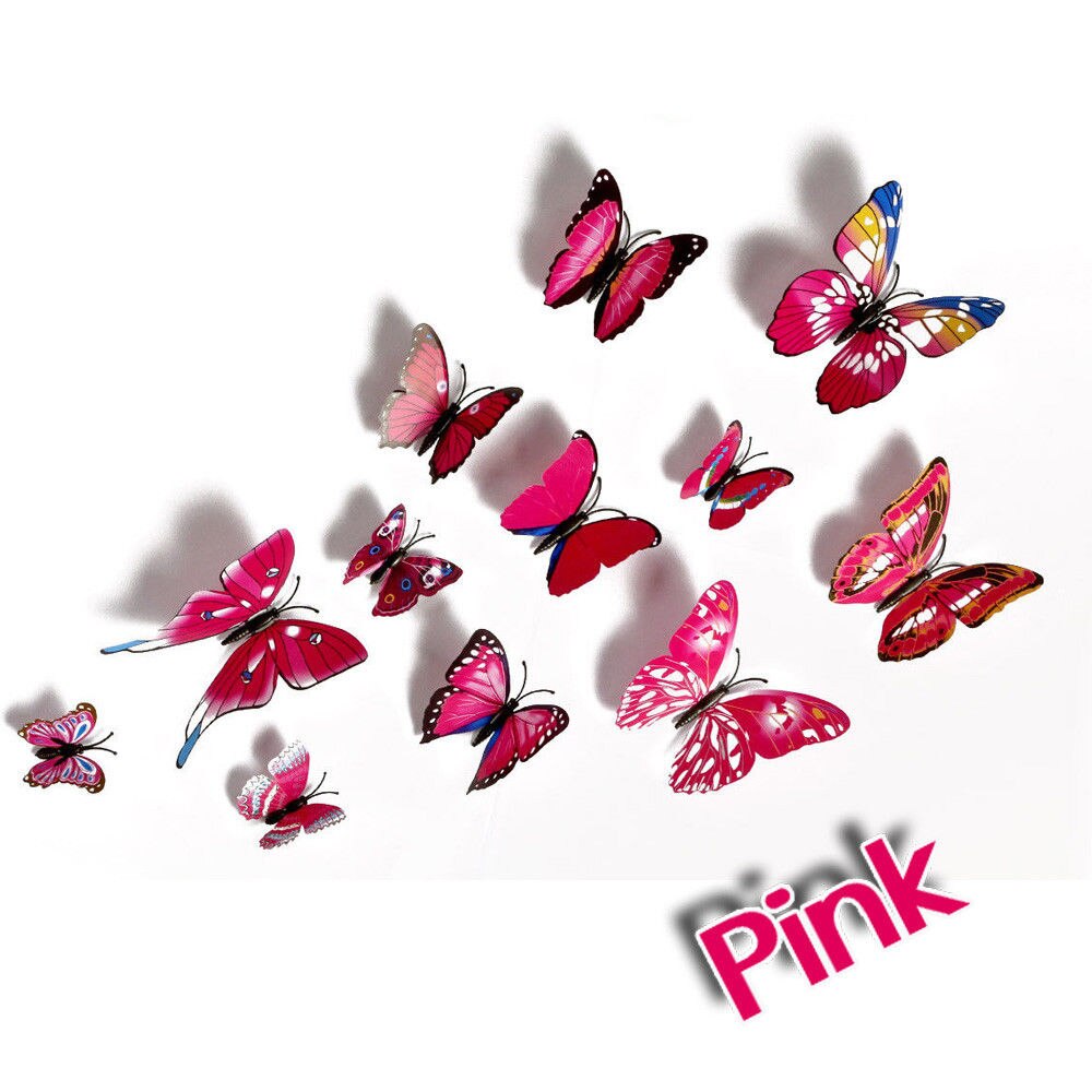 12Pcs 3D Butterfly Wall Decals Removable Sticker Kids Art Nursery Magnets Decor: Pink