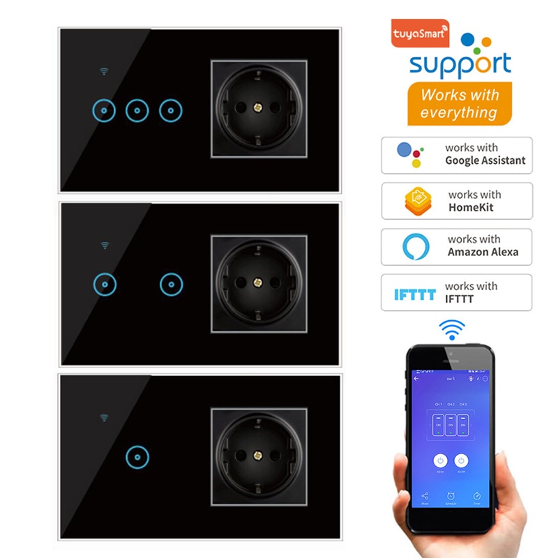 Tuya Multi-function Switch Socket Integrated Remote Control WiFi Smart Switch Socket EU1 2 3 Gang Support Alexa Google