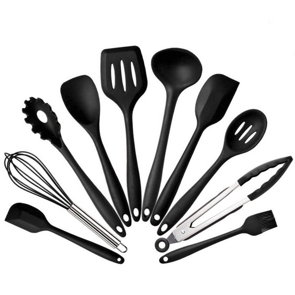 10 Pcs Heat Resistant Silicone Cookware Set Non-stick Safe Cooking Baking Tool Kit Utensils Kitchen Accessories: black