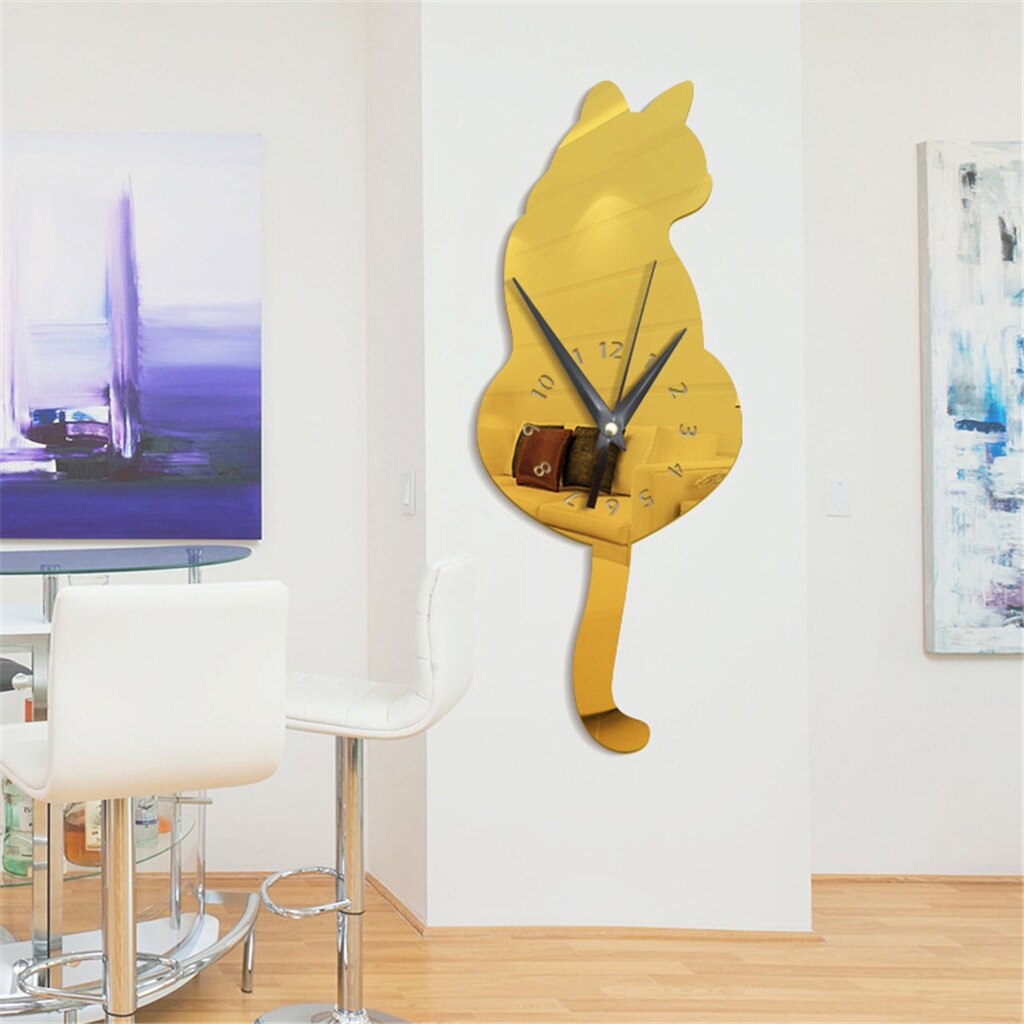 3D Cartoon Cat wall clock modern Modeling Acrylic Mirror Clock Home Decoration Wall Clock horloge murale