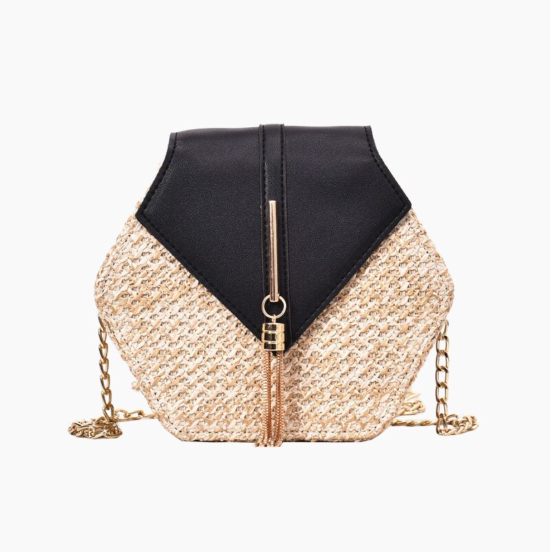 1PC sac de paille hexagone sac à main paille + cuir gland métal bohême rotin épaule été plage chaîne sac pour femme: Black