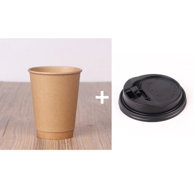 50 Pcs Dik Kraftpapier Wegwerp Koffie Kartonnen Beker Dubbele Holle Melk Thee Warme Drank Verpakking Cups Met Deksel Takeaway pakketten: cup and black lid / 400ml  12OZ 50pcs