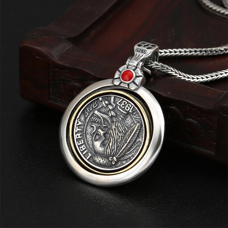 925 Sterling Silver Jewelry Men Women Rotatable Skull Round card Charm Necklace Pendant Jewelry