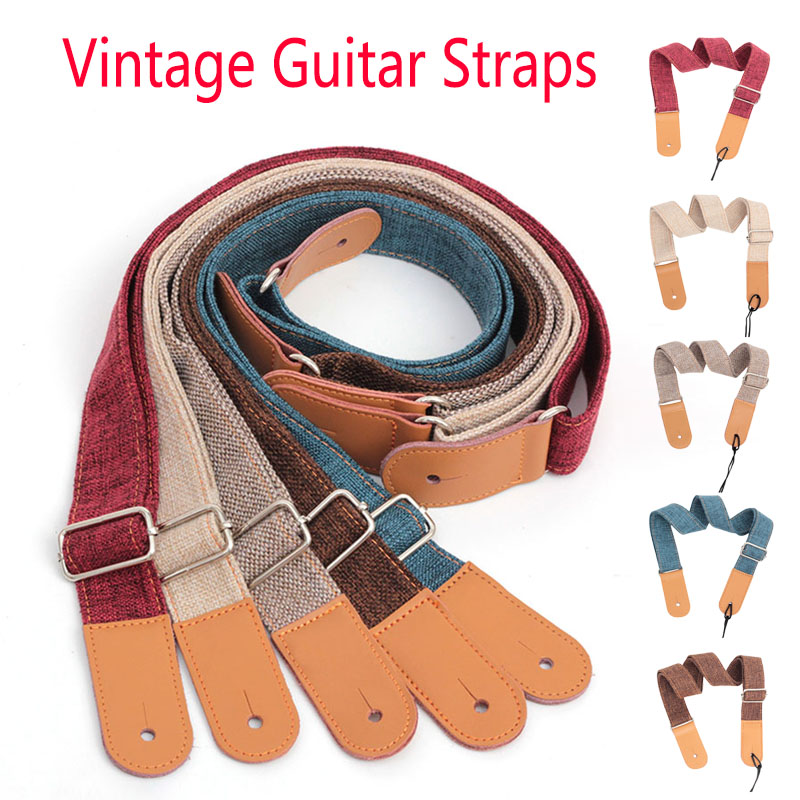 75-130cm Vintage Guitar Straps Linen Cotton ukulele strap Adjustable Leather Ends strap guitar Acoustic Electric Guitar Stripes