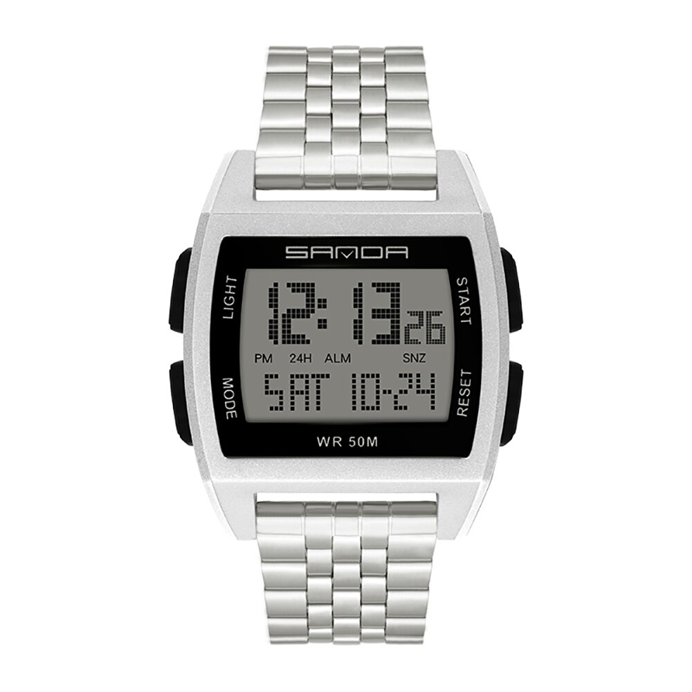 SANDA Watch Square Men Watches Stainless Steel Multi-Function Electronic Watches Luminous Waterproof Casual Sport Watch: silver