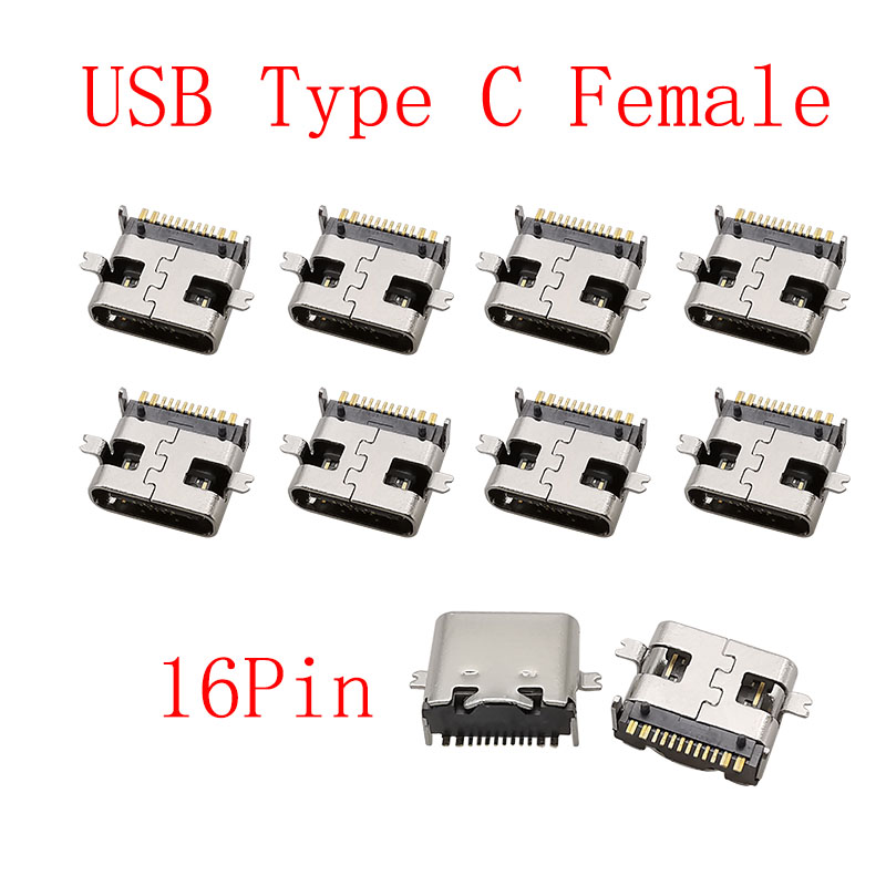 Connecteur USB Type C 2/6/16/24 broches, prise femelle, Port de chargement, SMD SMT PCB, soudure, bricolage, réparation, connecteurs de prise USB-C type-c, 10 pièces: WHITE