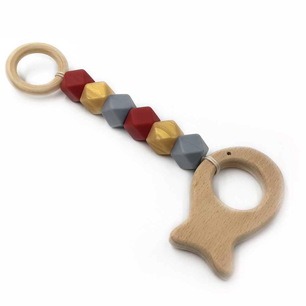 Mordedor de madera para bebé, juguete con cuentas de dentición con de ganchillo de zorro, erizo, elefante, pájaro, juguete para niños, pulsera con cadena para dentición
