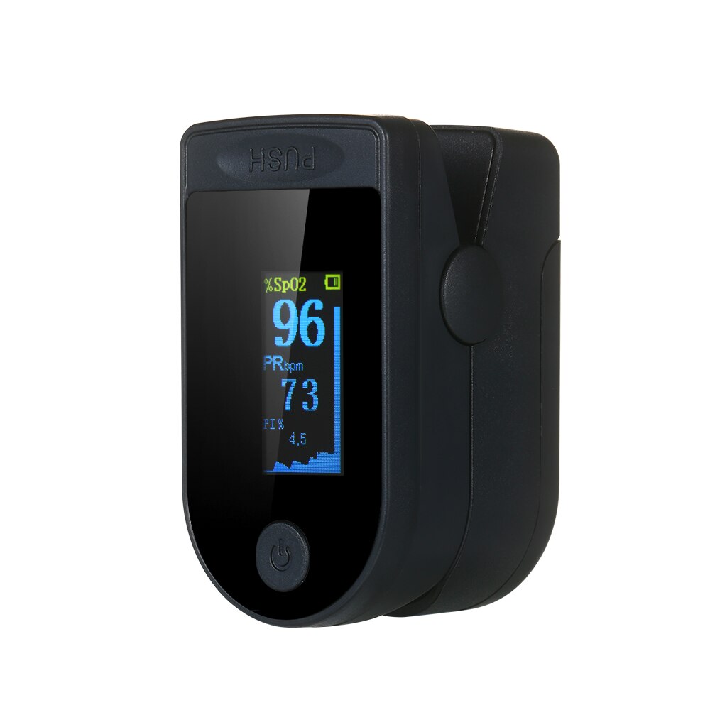 Blod iltmåler fingerpulsoximeter iltmætningsmåler oximeter pulsmåler med snor + taske auto-sluk alarm: Sort