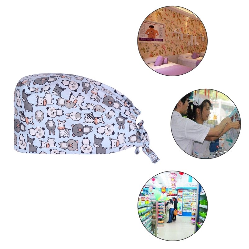 Dokter verpleegkundige katoenen werkmuts met zweetband verstelbare strik op de rug schattig cartoon dierenpatroon kalebasvormige bouffant scrub hoed h