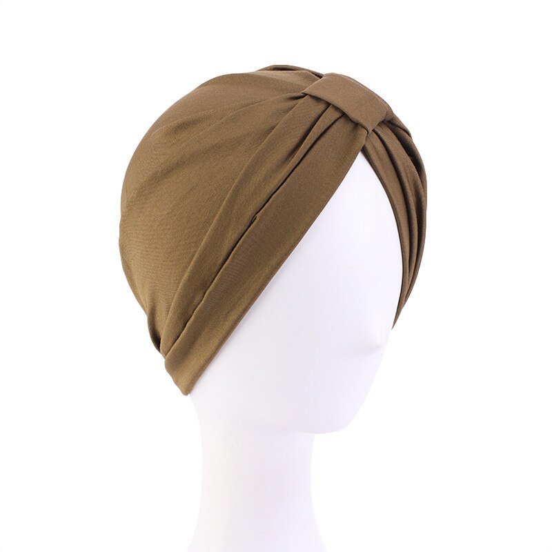 Indiase Vrouwen Modal Katoen Geplooide Hoed Chemo Haaruitval Kanker Tulband Motorkap Hoofd Sjaal Wrap Strech Bandana Cover Beanie Arabische cap: 08 Brown