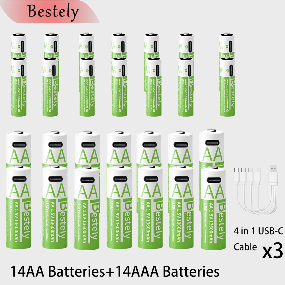 Neue 1,5 V AAA 6800 mAh + AA 13600 mAh wiederaufladbare Lithium-Batterien Schnelllade-USB-Li-Ionen-Akku 2000 Zyklen mit USB-C-Kabel: Silber