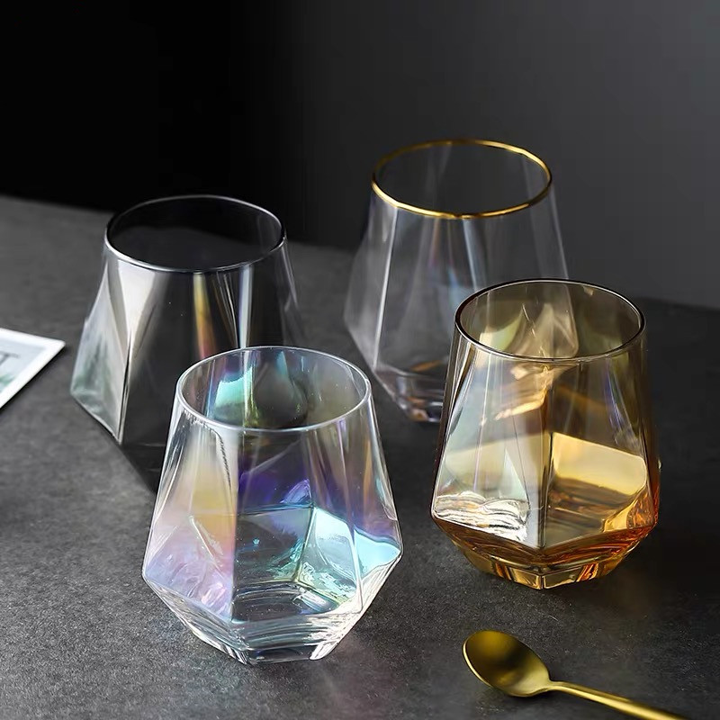 Taza de cristal hexagonal con diseño geométrico transparente para whisky, taza de diamante para café, leche, té, taza antideslizante para bar, taza de vidrio para parejas
