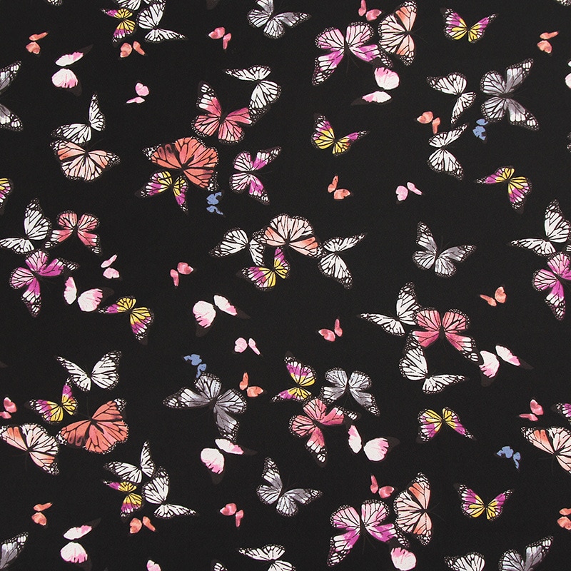 Sort farve sommerfugl mønster blomstertrykt chiffon stof til kjole, i meter