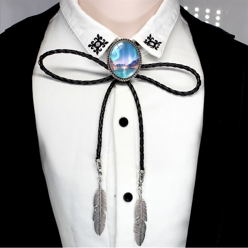 BOLO-00168 nuovo arrivo Polar Light Galaxy Nebula ovale in vetro Cabochon Western Bolo Tie Neck cravatte collana a catena in pelle: 4-3