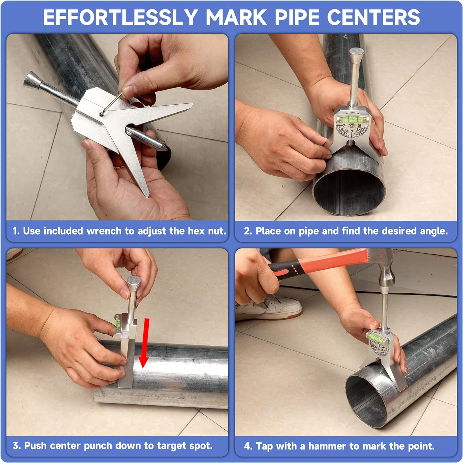 Pipe Center Finder Measure Pipe Diameter With Adjustable Dial Bubble Protractor 4" Y-Type Safety Pipe Marker Centering Head Tool