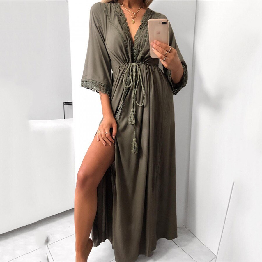 Lång dräkt dam strand kofta klänning mjuk sexig ihålig spets knyta midja slim fit casual lös sommarklänning maxi kvinnlig